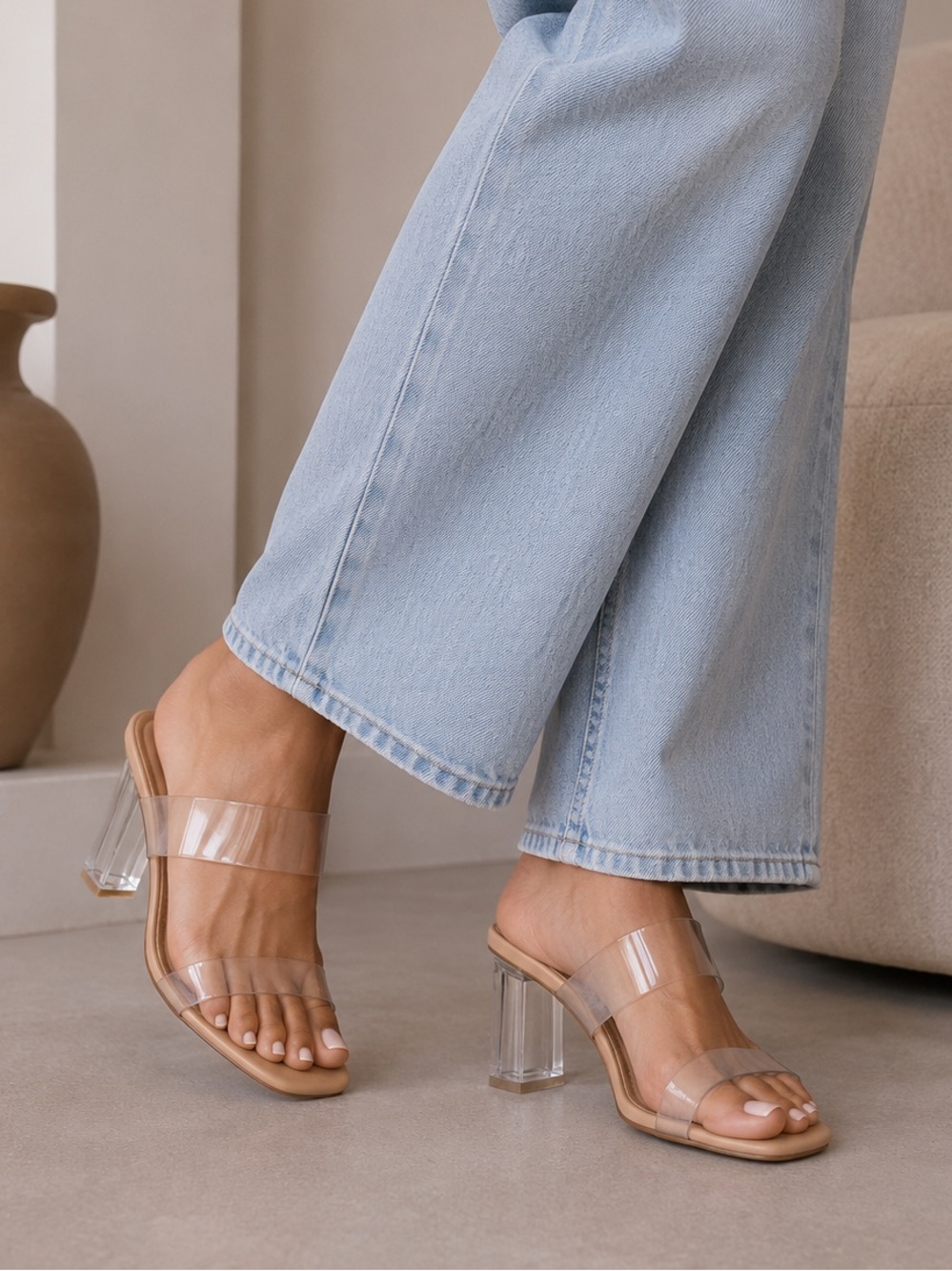 Zara Nude Clear-Strap Block Heel Mules